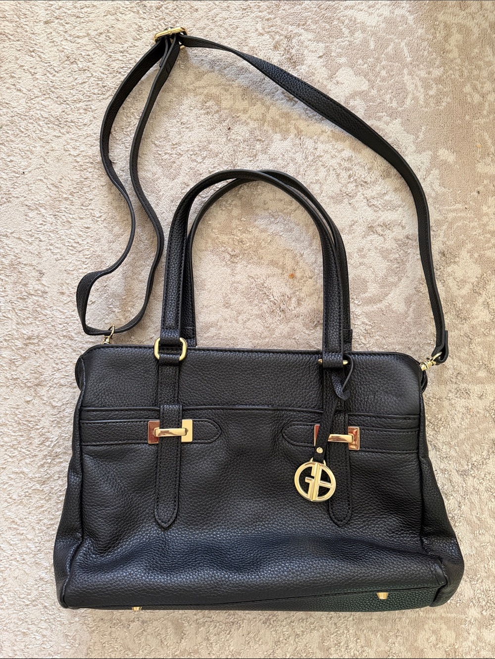 Black Leather Satchel Handbag with Gold Hardware